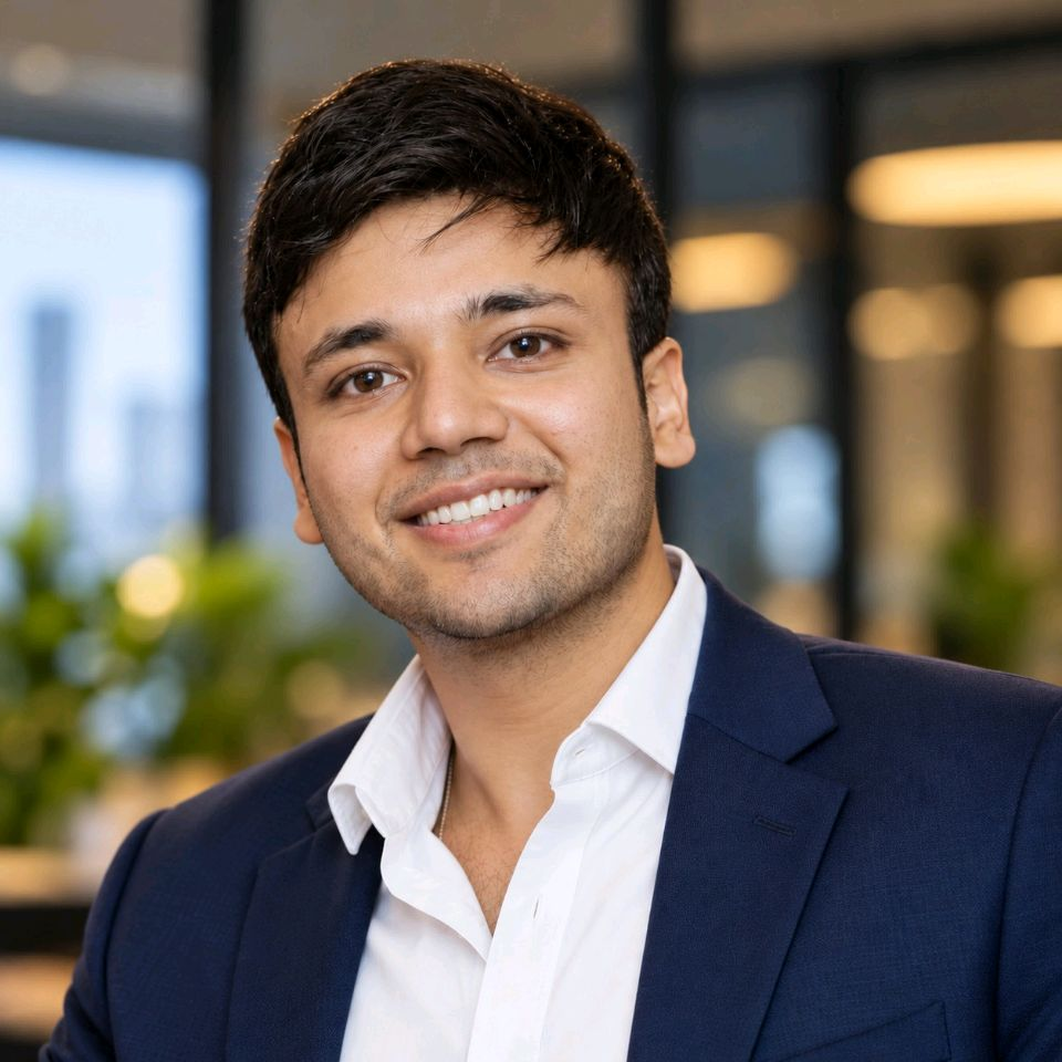 Nikhil Soni seated at a desk in the naxsha.ai office, with a “Build Better Spaces” sign behind him